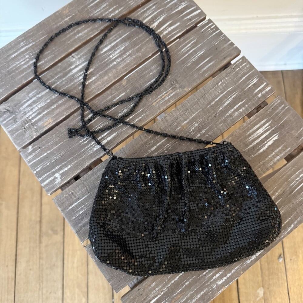 Lulu Townsend Chic Black Ruffle Chainmail Beaded Evening Bag Crossbody